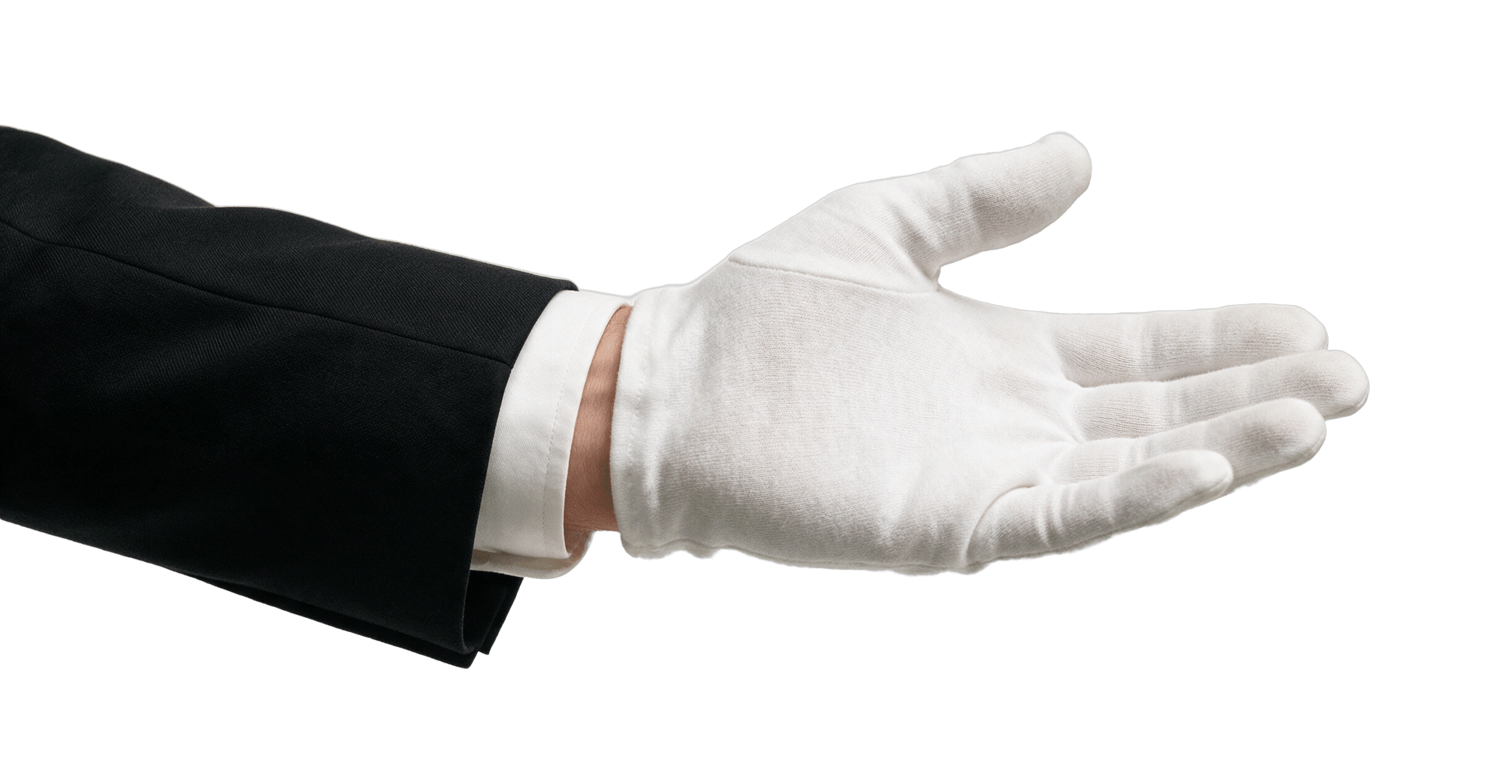 Une main gantée de blanc, manche de costume noir, s'avance paume ouverte.