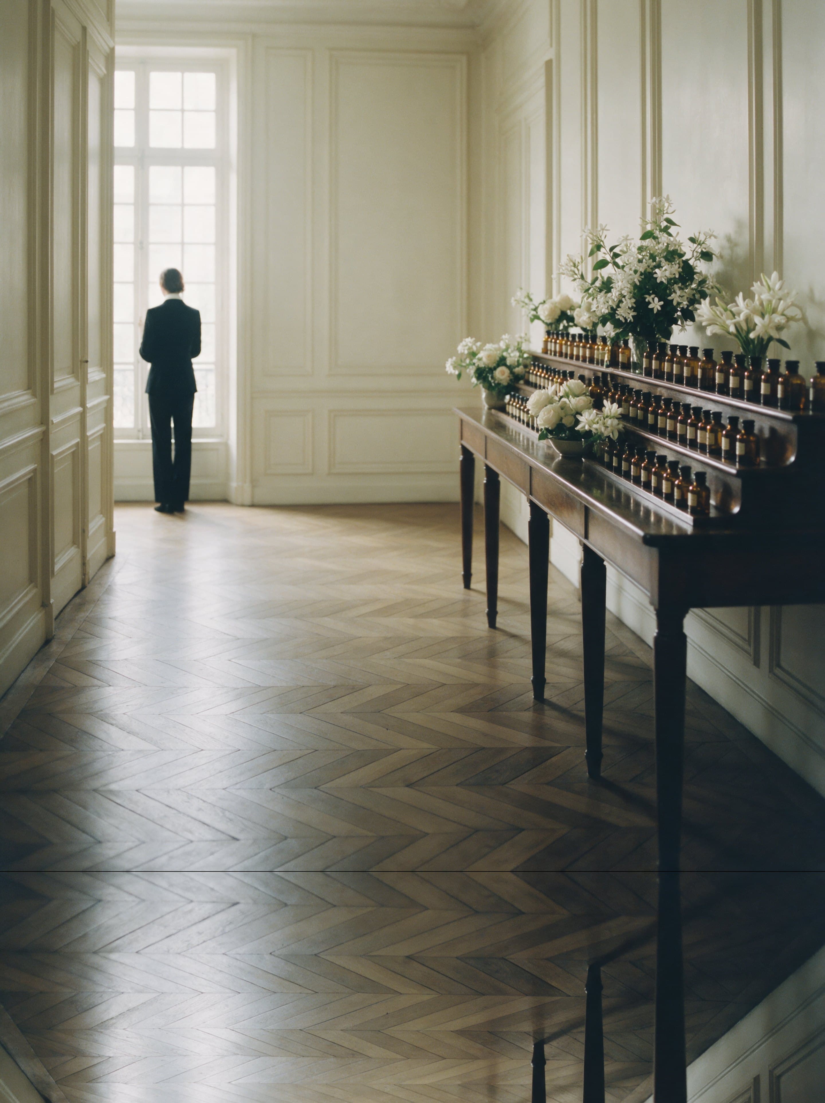 L'atelier de composition, rue Washington : haute fenêtre haussmannienne, parquet à chevrons et l'orgue du parfumeur le long du mur.