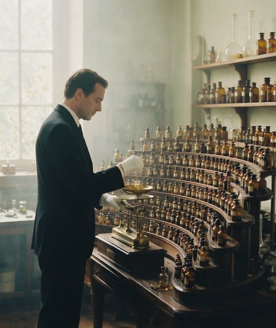 Pesée d'une matière première à la balance, devant l'orgue du parfumeur et ses flacons ambrés.