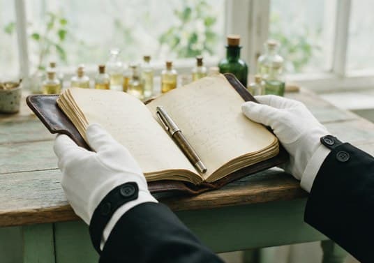Des mains gantées tiennent ouvert un carnet de cuir couvert de formules manuscrites.