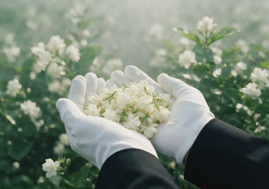 Deux mains gantées de blanc recueillent une poignée de fleurs de jasmin fraîches.
