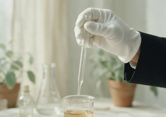 Une main gantée tient une pipette de verre au-dessus d'un bécher de liquide ambré.