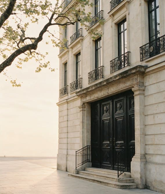 Façade de pierre et porte cochère d'un immeuble haussmannien parisien au petit matin.