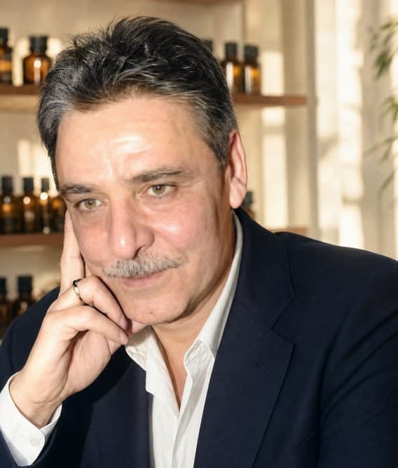 Portrait de Seddik Kimia, président de Camiflor, devant les flacons de l'atelier.