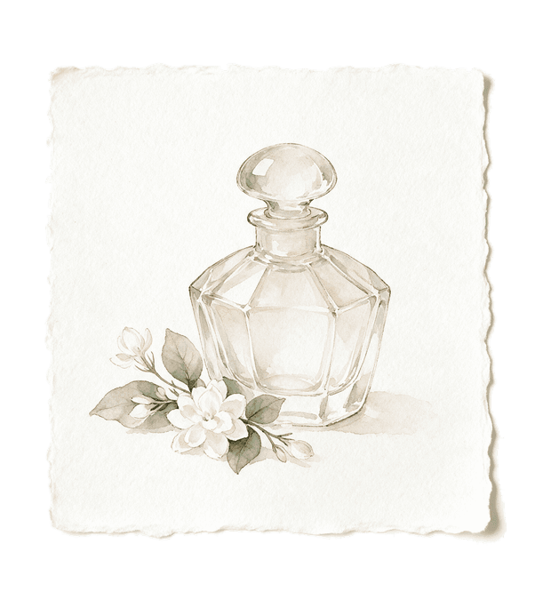 Aquarelle d'un flacon de parfum à facettes et de quelques brins de jasmin.