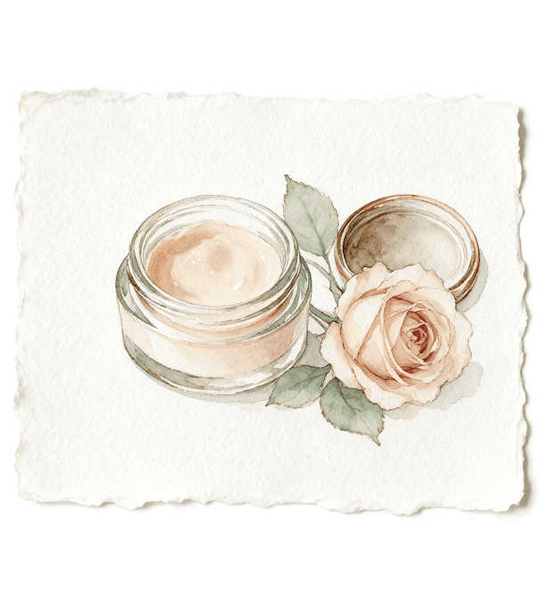 Aquarelle d'un pot de crème ouvert et d'une rose posée à côté.