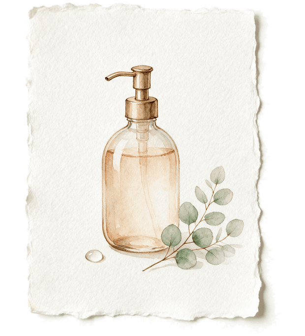 Aquarelle d'un flacon pompe et d'un rameau d'eucalyptus.