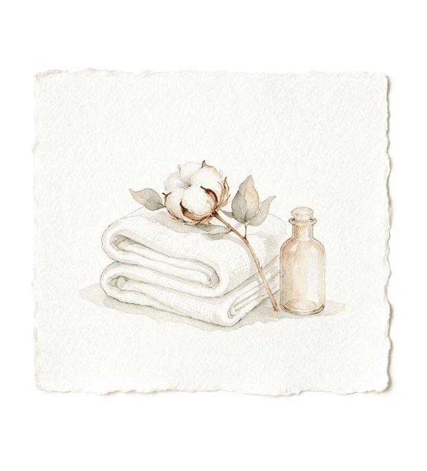 Aquarelle d'une pile de linge plié, d'un petit flacon et d'une fleur de coton.