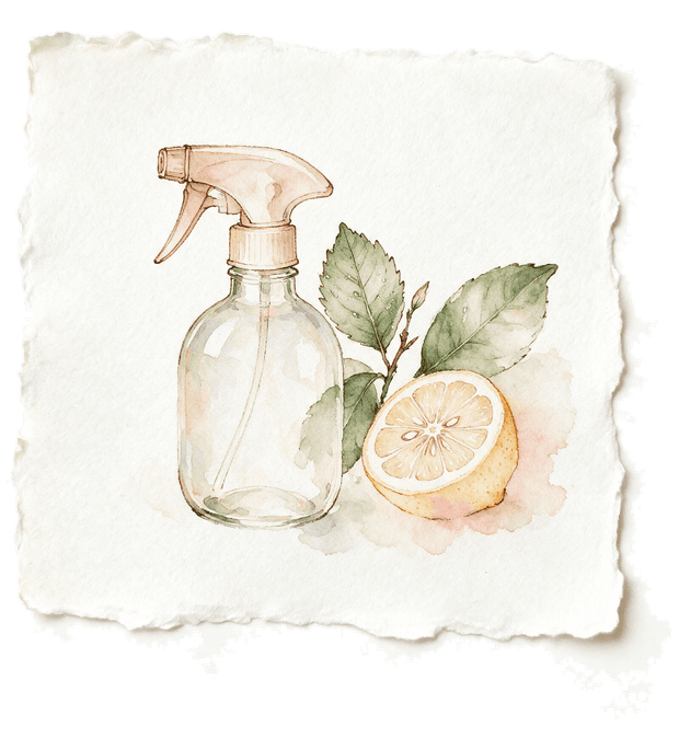 Aquarelle d'un vaporisateur en verre, de feuilles de citronnier et d'un demi-citron.